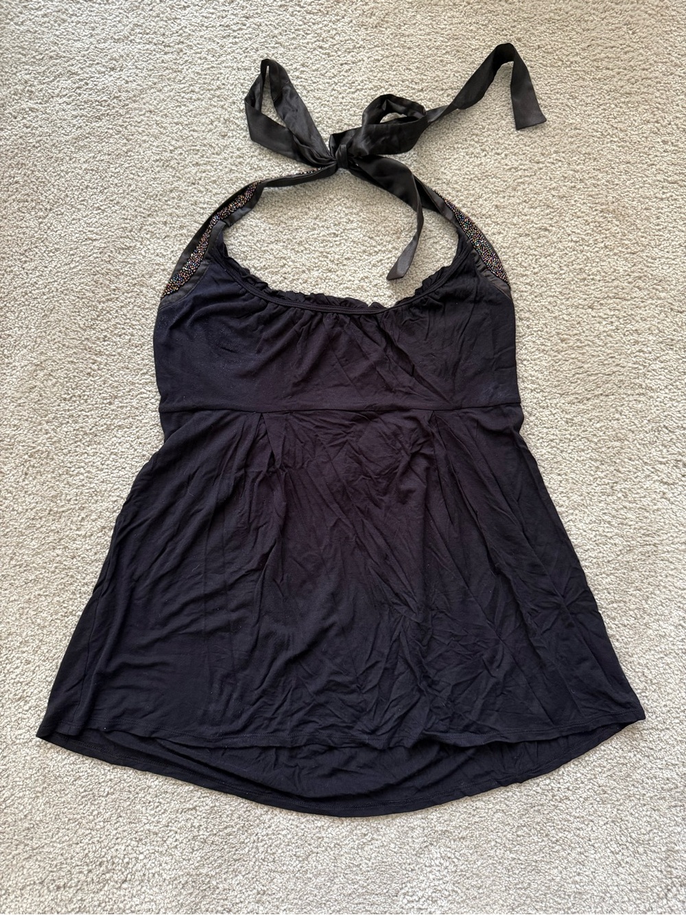 Guess Black Halter Top with Beaded Tie Neck Detail